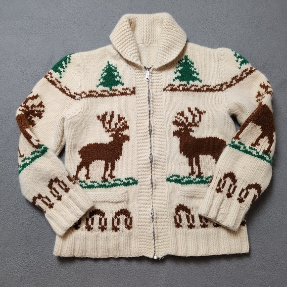 Vintage Wool Cowichan Zip Sweater Elk Evergreen Pattern Eclectic - Picture 6 of 12